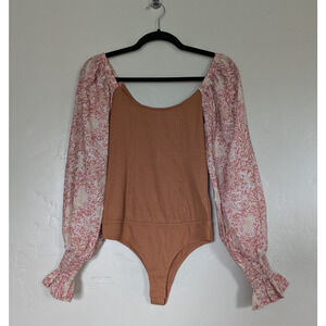 Promesa Bodysuit‎ Blouse Tan Floral Womens Size Small Bohemian Peasant Sleeve